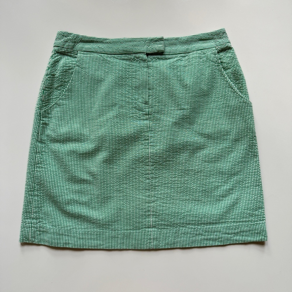 Kenar Striped Seersucker Zip Front Mini Skirt in Green & White